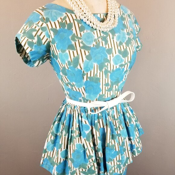 Vintage 1950's Blue Green Roses Striped Background Wiggle Dress with Peplum - Picture 6 of 12